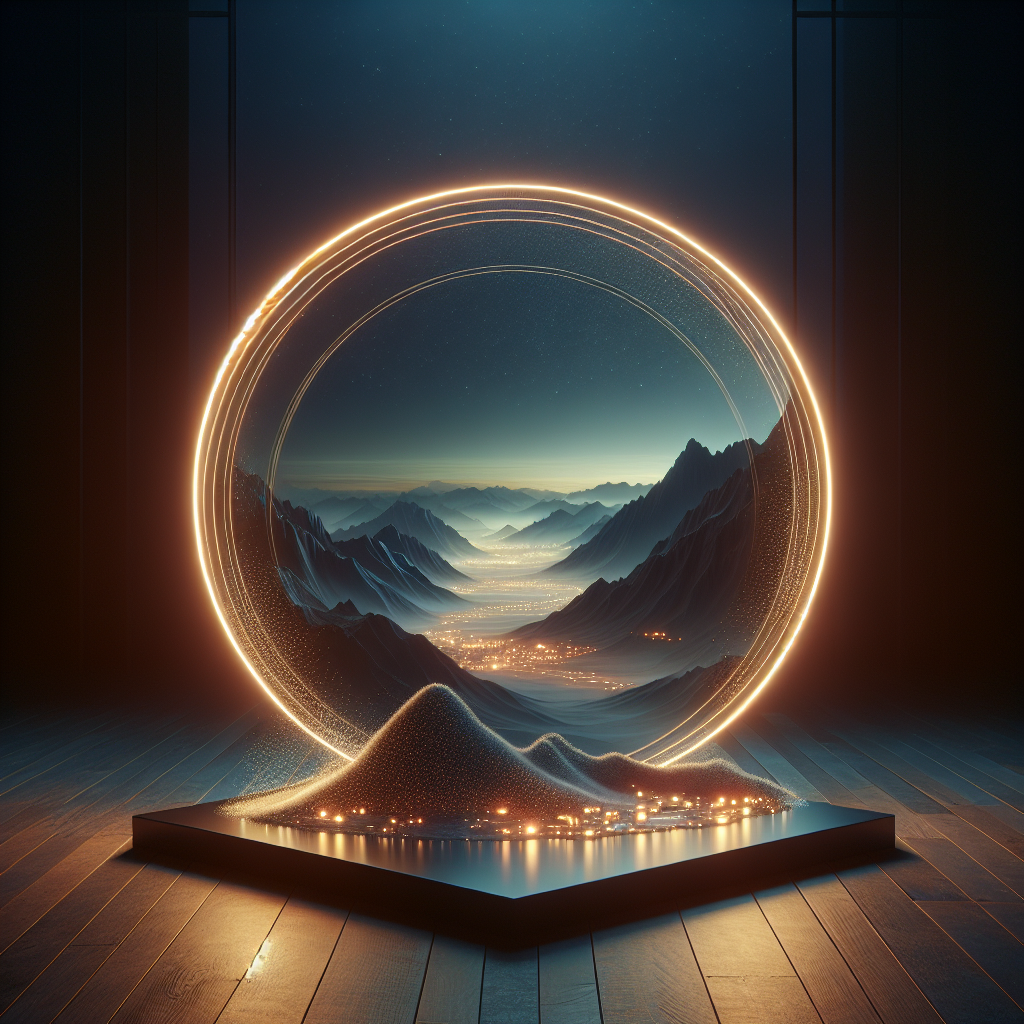 Futuristic landscape within a glowing circular portal, showcasing mountains and a shimmering valley illuminated by lights, symbolizing the potential of interactive engagement in content creation.