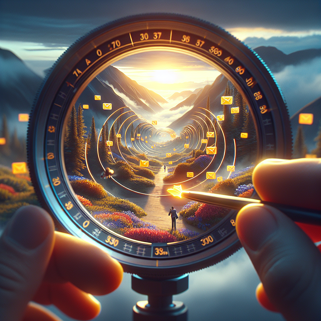 Surreal landscape viewed through a camera lens, featuring a pathway lined with flowers and floating email icons, symbolizing email marketing strategies and audience engagement.