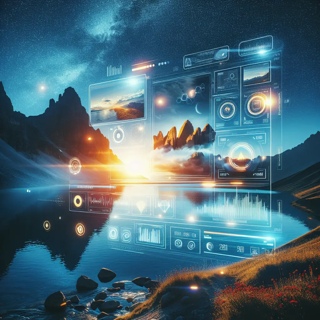 Futuristic landscape with digital interface overlay, showcasing mountains and a serene lake at sunset, symbolizing social engagement and brand visibility enhancement.