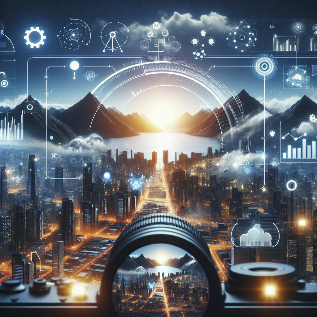 Futuristic cityscape with analytics data visualizations and a camera lens focusing on the sunrise over mountains, symbolizing the intersection of technology and marketing insights.