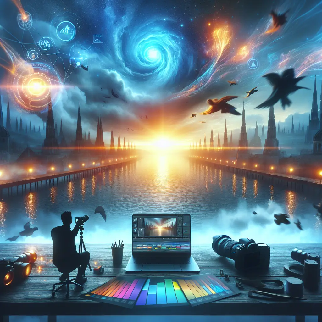 Silhouette of a person photographing a vibrant sunset over a serene river, with a laptop displaying digital marketing tools and colorful design palettes, symbolizing creativity and strategy in digital marketing.