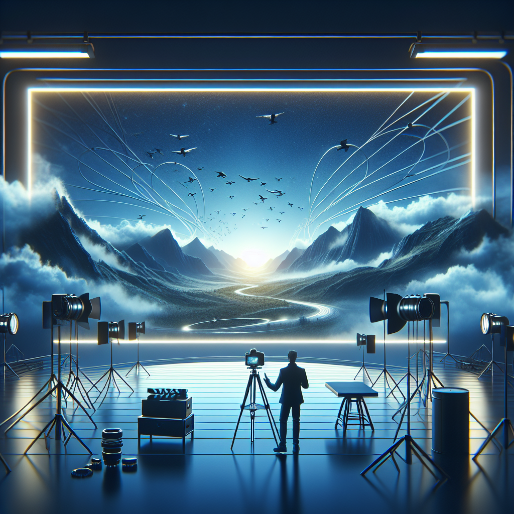 Person in a studio setting with cameras and lighting equipment, observing a vibrant, digitally created landscape with mountains and flying birds, symbolizing brand storytelling and creative marketing strategies.