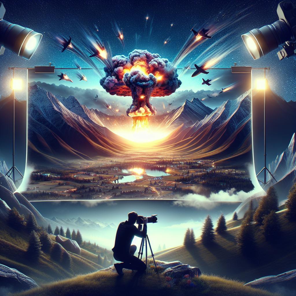 Photographer capturing dramatic landscape scene with explosion in background, highlighting the impact of visual storytelling in marketing strategies.