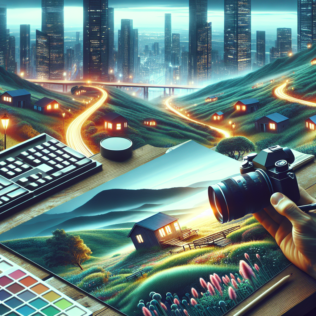 Hand holding camera over artistic landscape painting with rolling hills, houses, and city skyline, symbolizing personalization in marketing strategies for engaging audiences.
