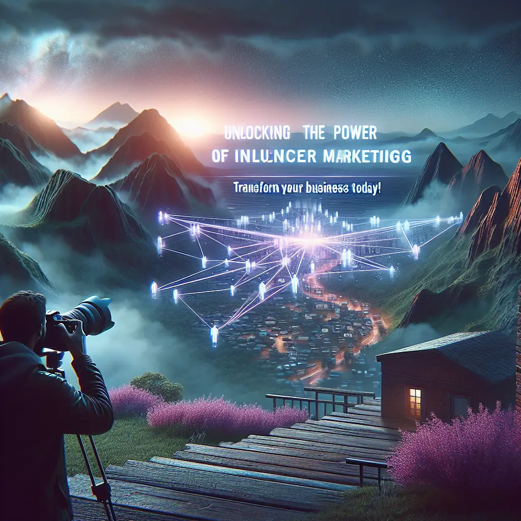 Person photographing a scenic landscape with mountains and a city below, featuring digital connections representing influencer marketing, with text overlay "Unlocking the Power of Influencer Marketing" and "Transform your business today!"