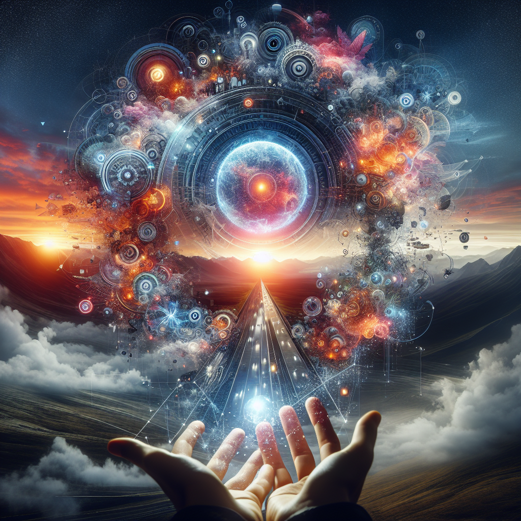 Hands reaching towards a cosmic landscape with swirling galaxies and vibrant colors, symbolizing the power of visual storytelling in marketing and brand engagement.