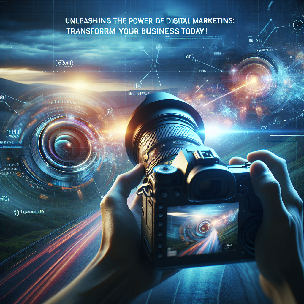 Camera capturing digital marketing visuals with dynamic graphics and text overlay, emphasizing transformation and business growth.