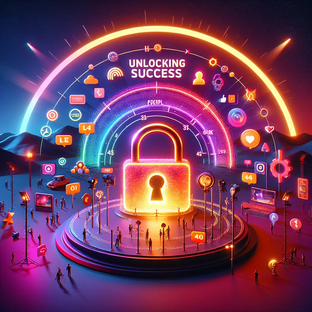 Colorful digital illustration of a padlock symbolizing "Unlocking Success," surrounded by social media icons, analytics graphics, and figures representing social media advertising strategies.