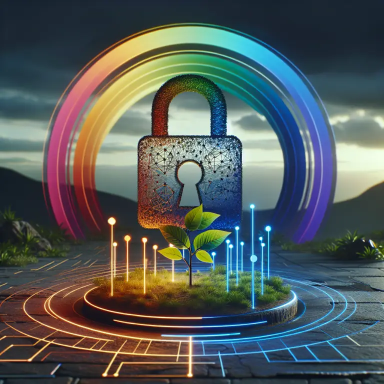 Colorful digital lock symbolizing security and user-generated content growth, surrounded by vibrant plant life and glowing data points, representing trust and community in digital marketing.