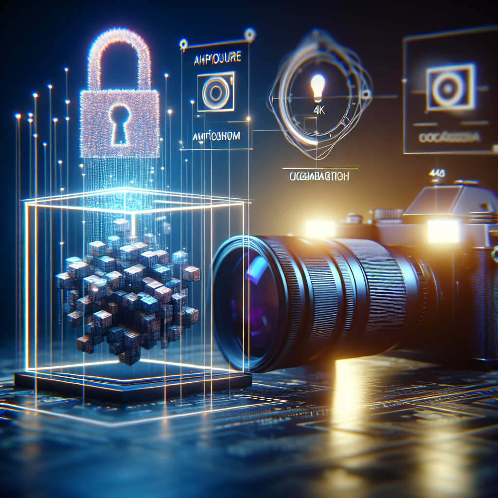 3D visualization of a secure digital lock over a cube of interconnected data blocks, with a professional camera on a tech-themed background, representing advanced social media advertising strategies and digital marketing innovation.