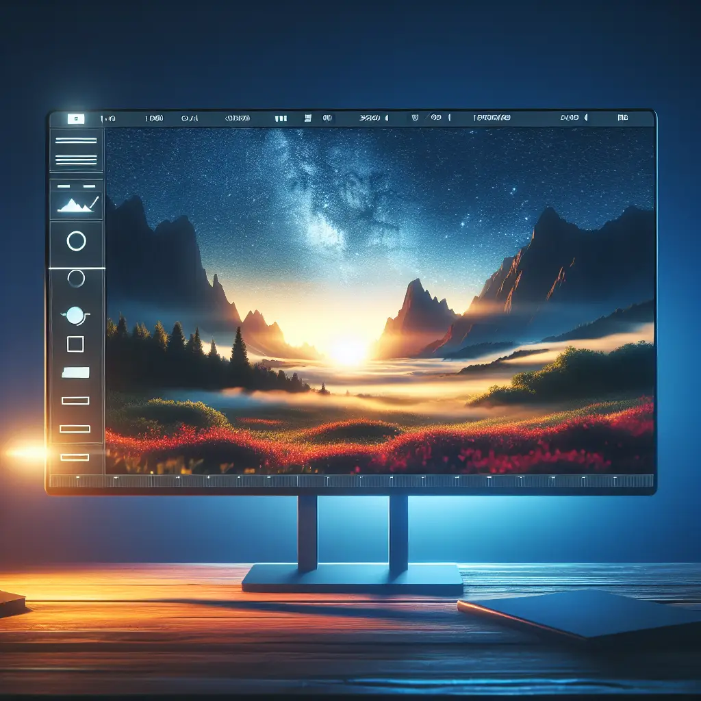 Computer monitor displaying a vibrant digital landscape with mountains and a sunset, emphasizing content creation and interactive engagement for brands.
