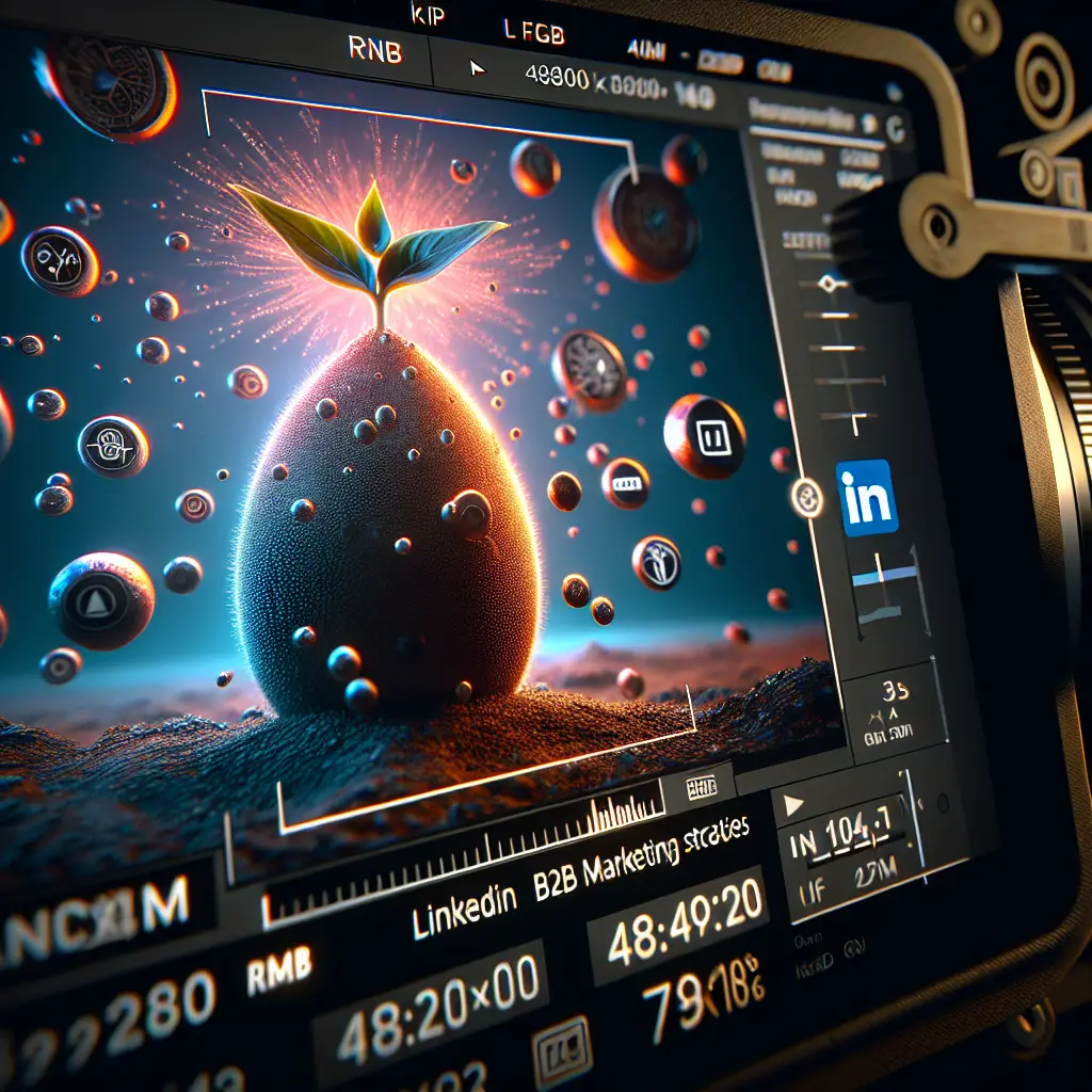 Plant sprouting from an egg-shaped object surrounded by digital icons, symbolizing LinkedIn B2B marketing strategies and growth potential.