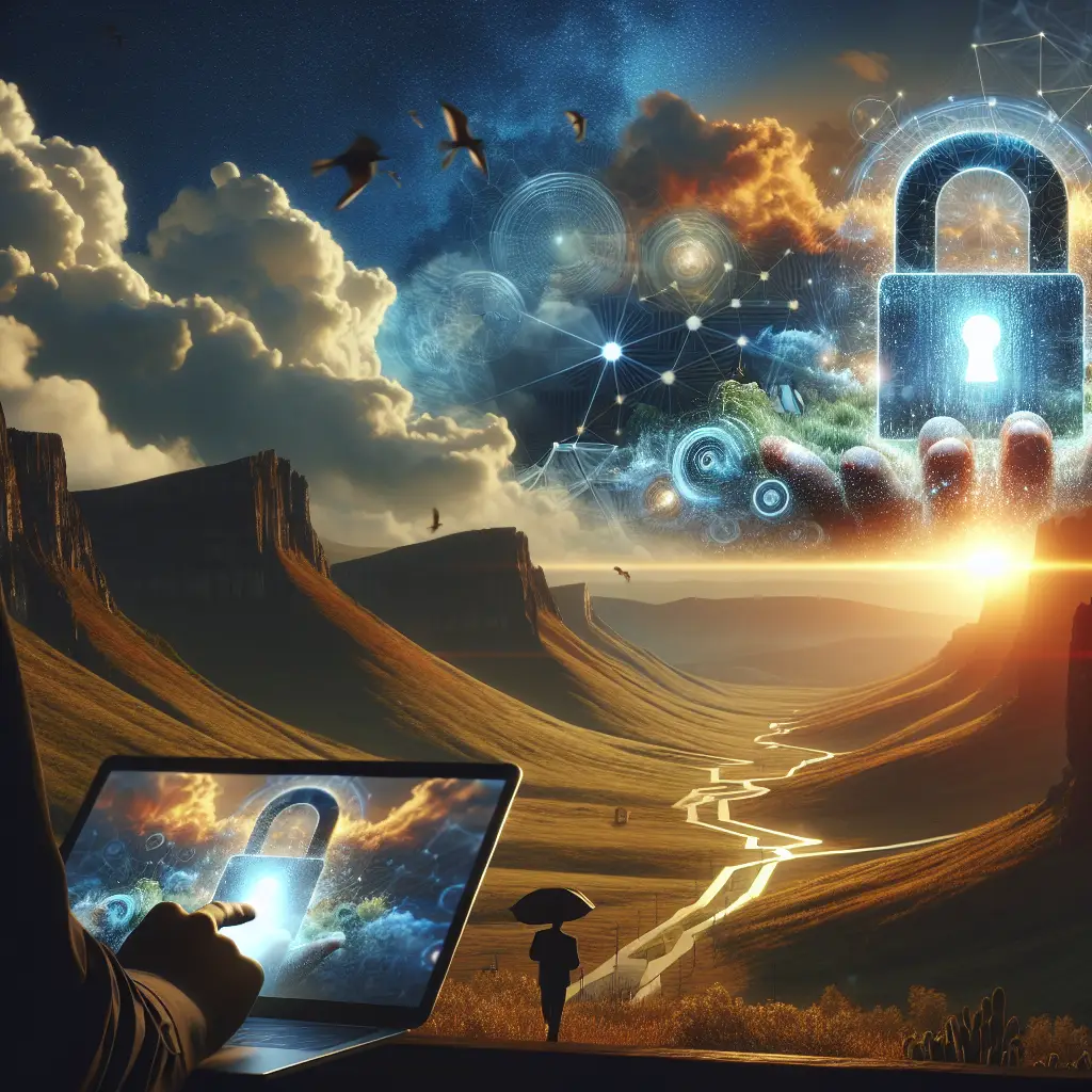 Person interacting with a laptop displaying a digital lock, symbolizing data security and analytics insights, with a scenic landscape and sunset in the background, reflecting the importance of analytics in marketing success.