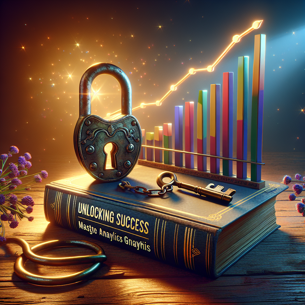 Padlock and key on a book titled "Unlocking Success," with a colorful bar graph in the background, symbolizing data-driven insights for Google Analytics and business growth.