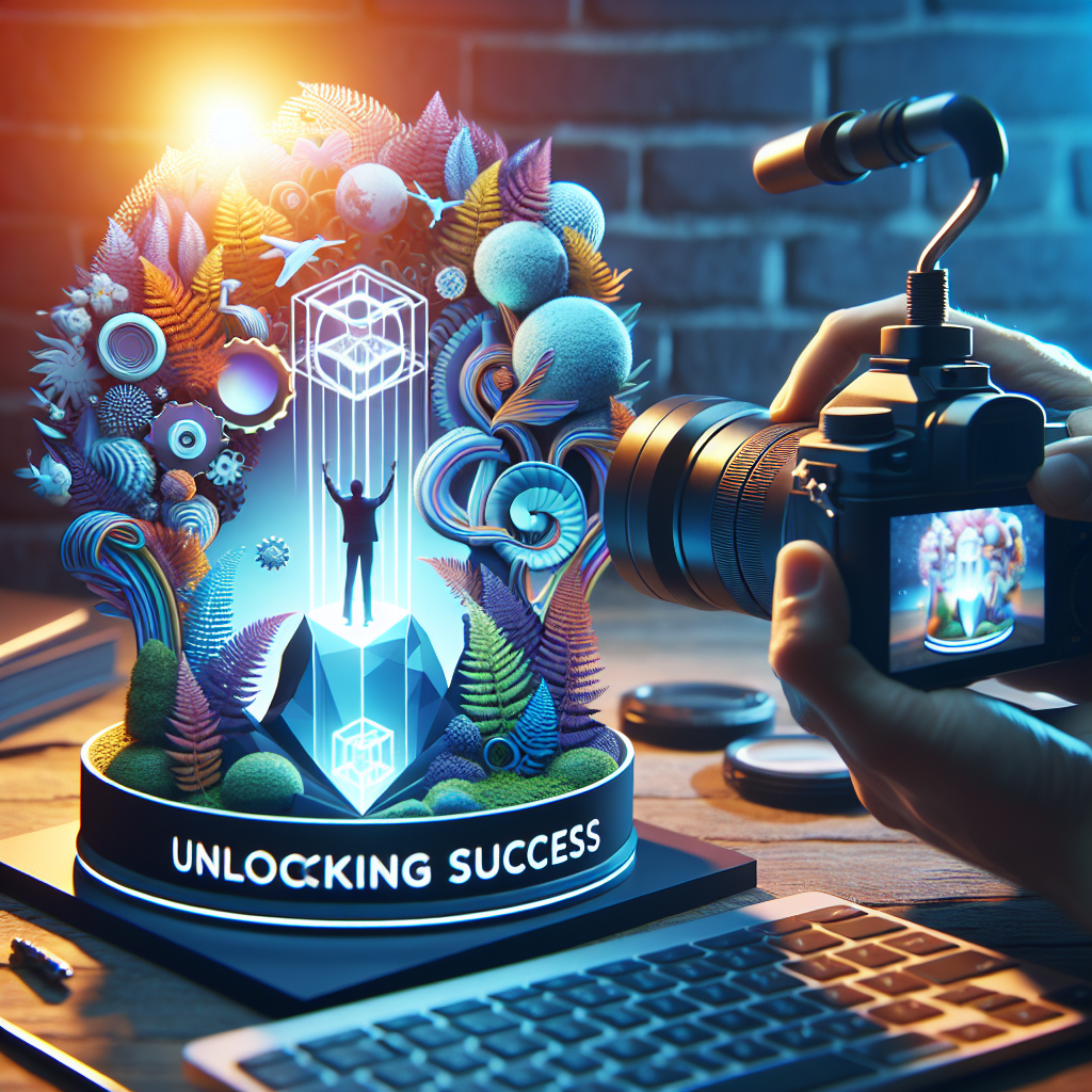 Colorful 3D display titled "Unlocking Success" featuring a figure with outstretched arms atop a crystal, surrounded by vibrant abstract elements, with a camera capturing the scene, symbolizing brand development and strategy enhancement.