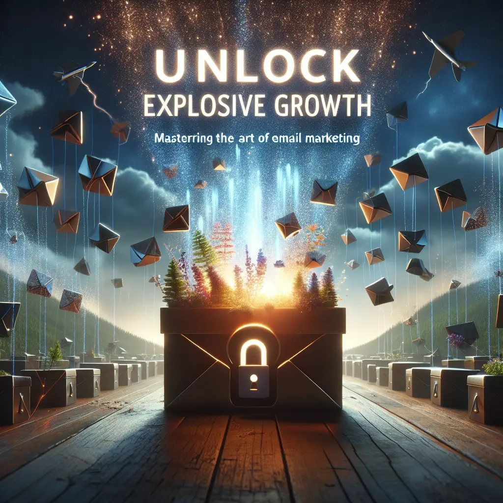 Unlocking explosive growth in email marketing, featuring a locked box overflowing with vibrant plants and floating envelopes, symbolizing effective strategies for digital marketing success.