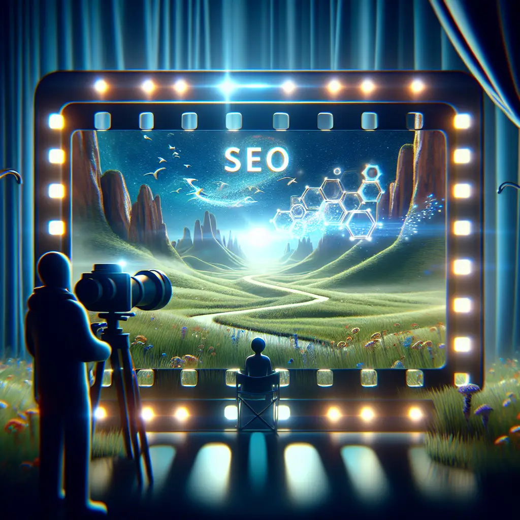 Person sitting in director's chair watching a cinematic landscape featuring "SEO" text, with a camera and vibrant scenery symbolizing digital marketing and organic traffic strategies.
