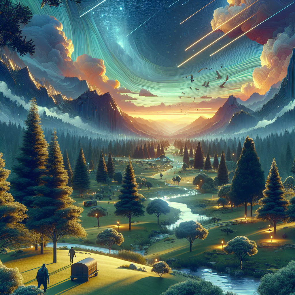 Scenic landscape with mountains, a winding river, and two figures walking on a grassy hill, under a colorful sky with stars and clouds, symbolizing opportunities and connections in B2B marketing on LinkedIn.