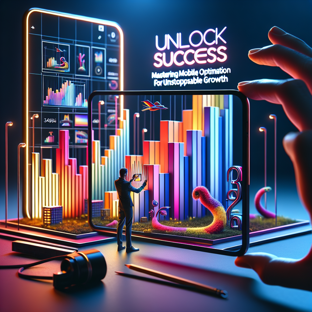 Mobile optimization concept illustration featuring a businessman capturing data visualizations on a smartphone, with colorful bar graphs and growth elements, emphasizing digital success and engagement.