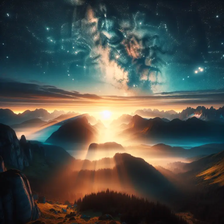 Majestic sunrise over misty mountains and valleys, with a starry night sky, symbolizing adaptability and inspiration in marketing strategies.