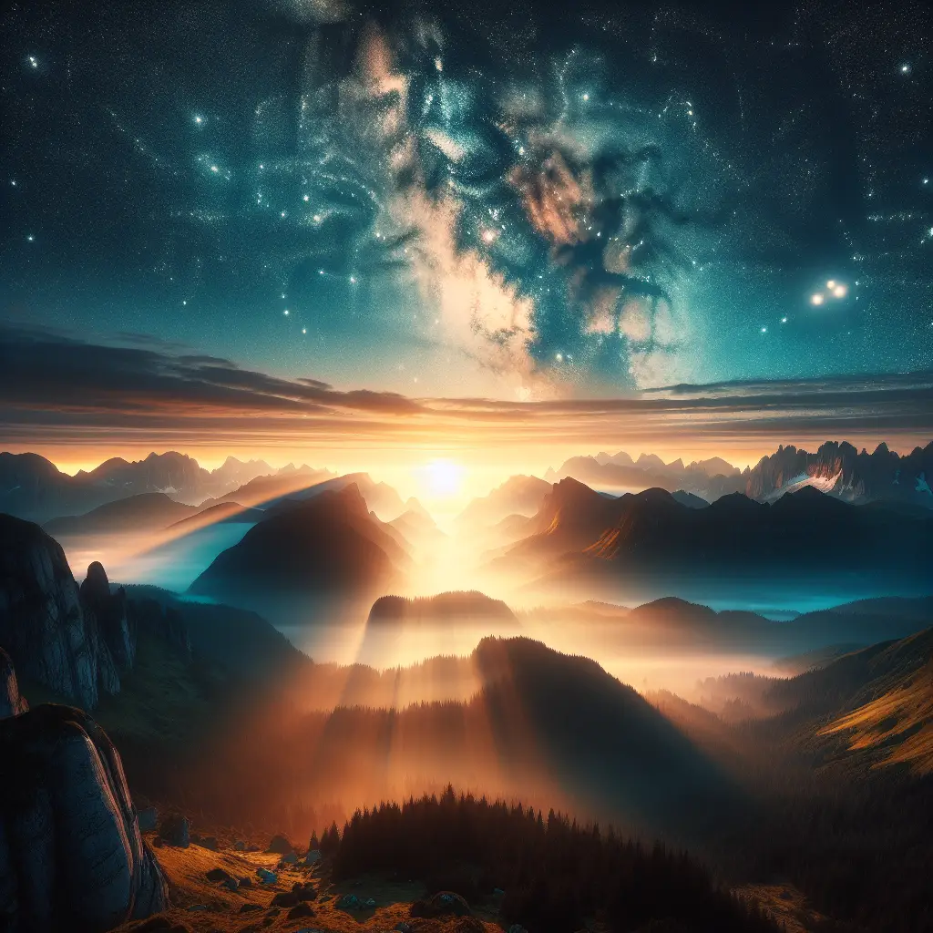 Majestic sunrise over misty mountains, with vibrant colors illuminating the landscape and a starry sky above, symbolizing the transformative power of User-Generated Content for brands.