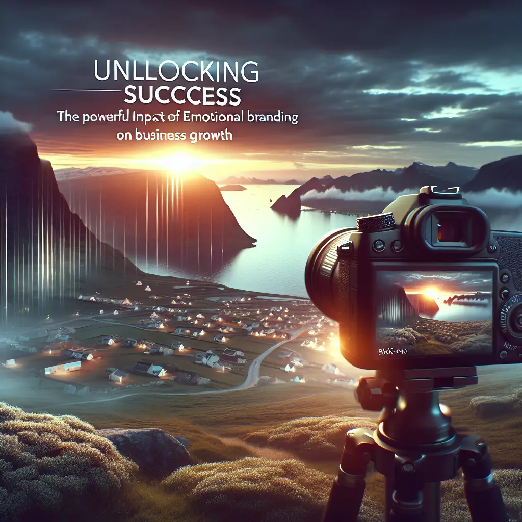 Camera capturing a sunset over a scenic landscape, illustrating the theme of emotional branding's impact on business growth, with overlay text "Unlocking Success" and "The powerful Impact of Emotional branding on business growth."