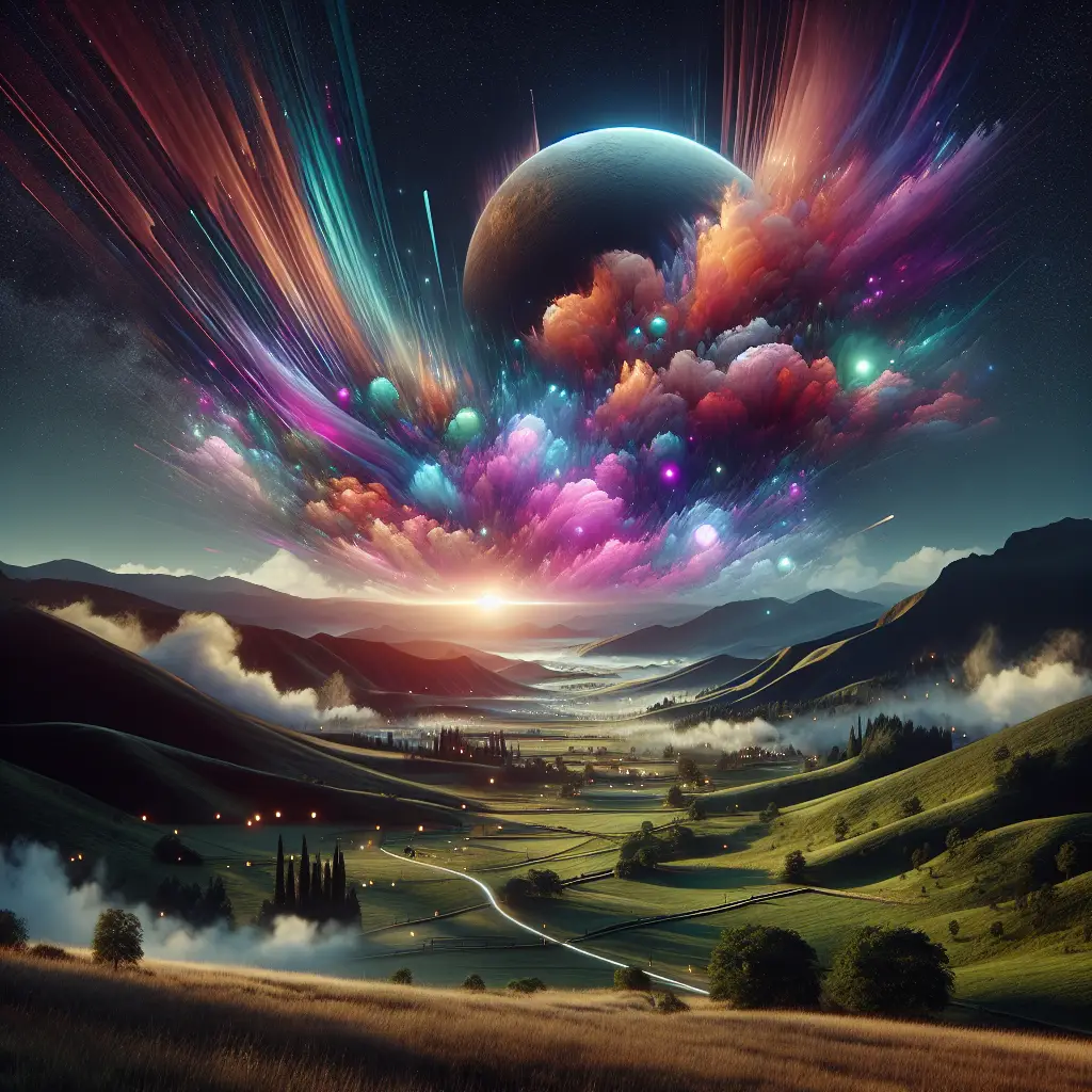 Vibrant cosmic landscape with colorful clouds, a large planet, and a serene valley at sunset, symbolizing creativity and digital growth in mobile optimization.