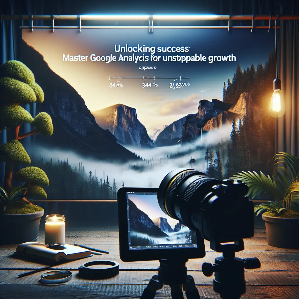 Camera focused on a scenic backdrop with mountains and fog, featuring text "Unlocking success Master Google Analytics for unstoppable growth," symbolizing data-driven business insights.