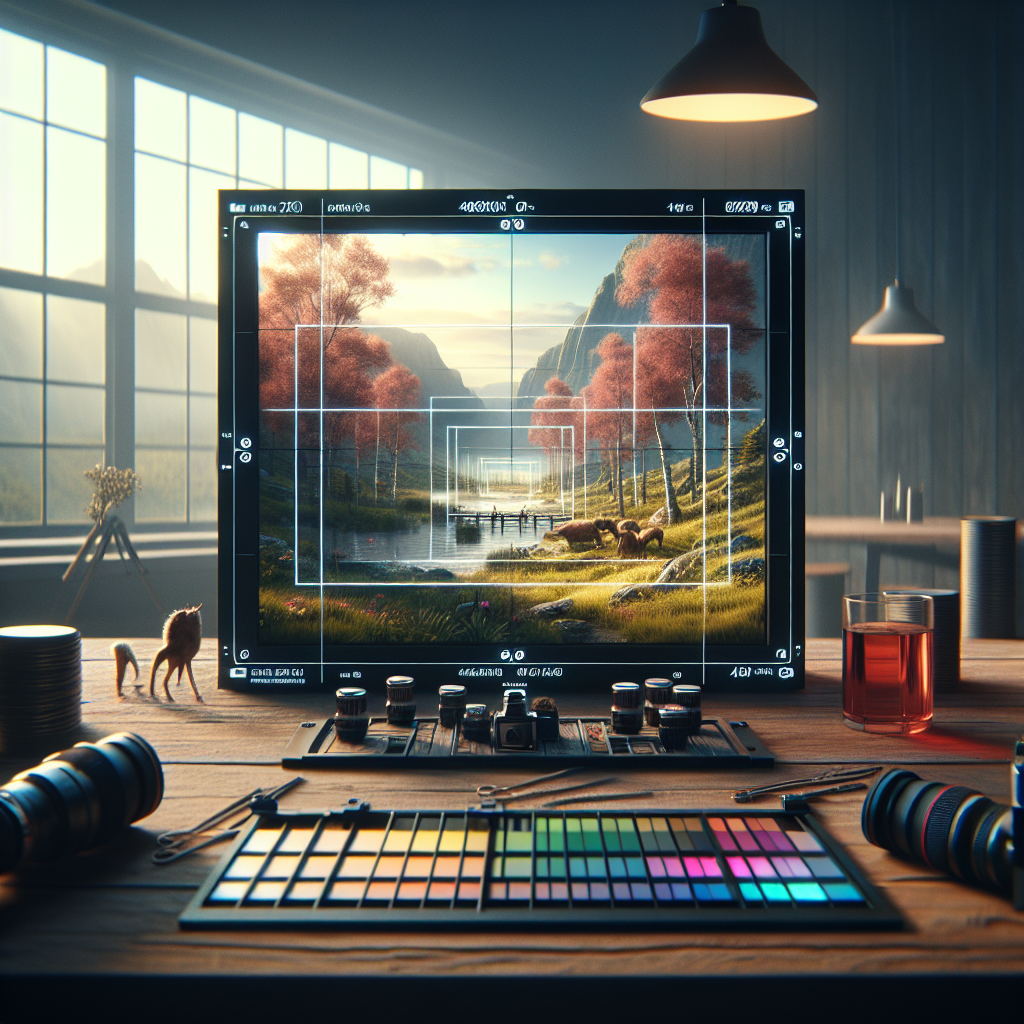 Creative workspace with a computer displaying a picturesque landscape, tools for photo editing, vibrant color palette, and a cozy atmosphere, symbolizing user-generated content creation and engagement.