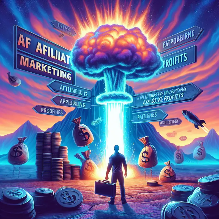 Man standing with a briefcase in front of a vibrant explosion labeled "Affiliate Marketing," surrounded by money bags and signs indicating strategies for maximizing profits in affiliate marketing.