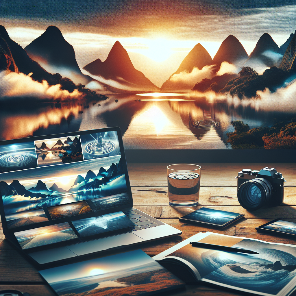 Laptop displaying landscape photography with mountain scenery, camera, printed images, and a glass of water on wooden desk, illustrating creative content creation for influencer marketing.