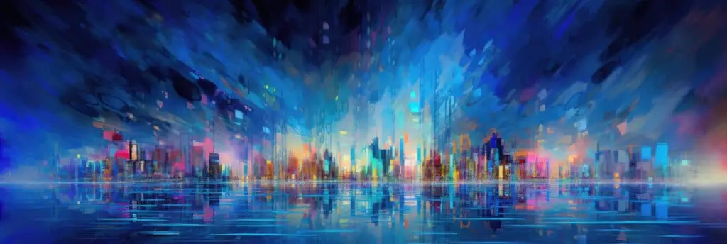 Abstract city skyline with vibrant blue and colorful reflections, symbolizing the dynamic landscape of unified marketing in modern business.