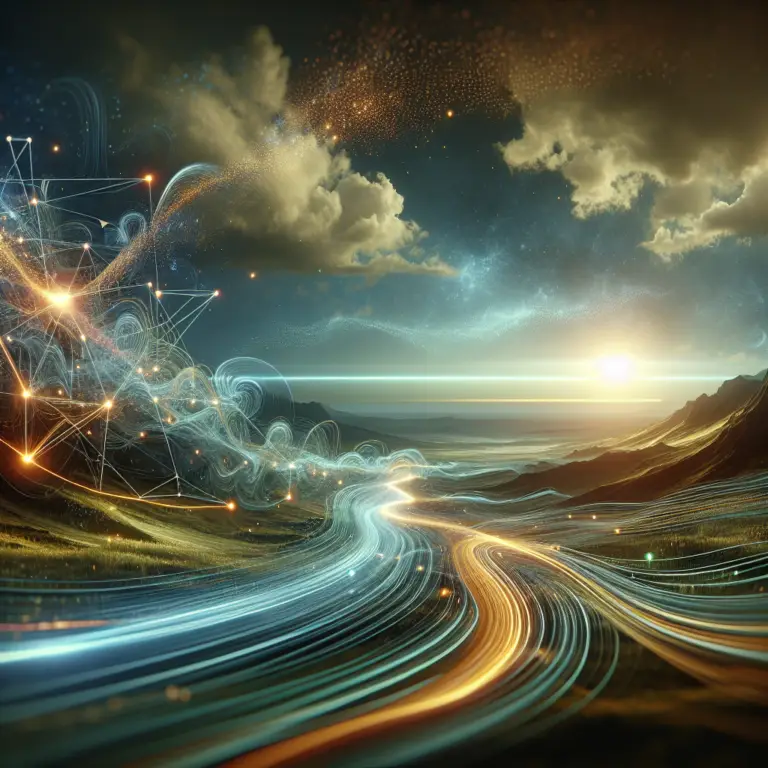 Abstract landscape with flowing light trails and digital elements, symbolizing seamless customer journeys and integrated branding strategies for Absolute Velocity Labs.