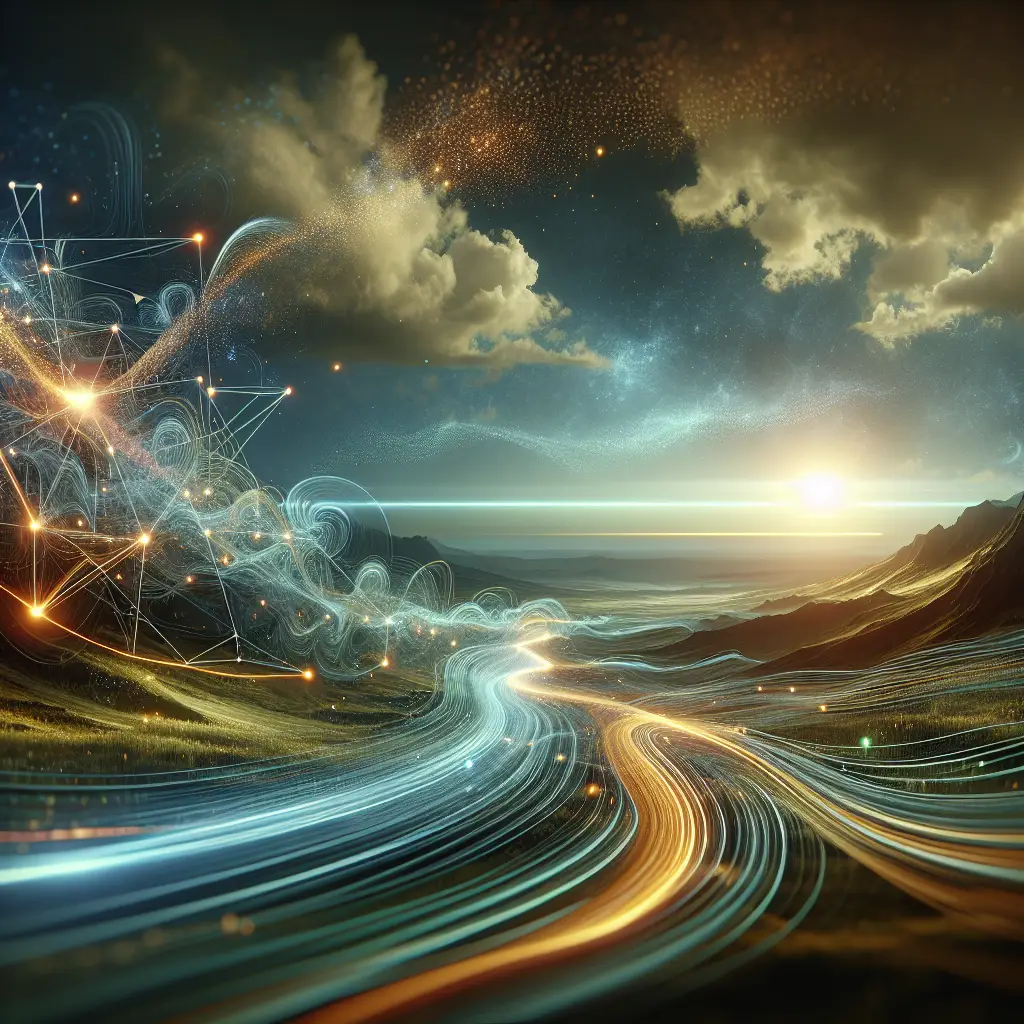 Abstract landscape with flowing light trails and digital connections, symbolizing integrated systems enhancing customer experience and seamless journeys in business.