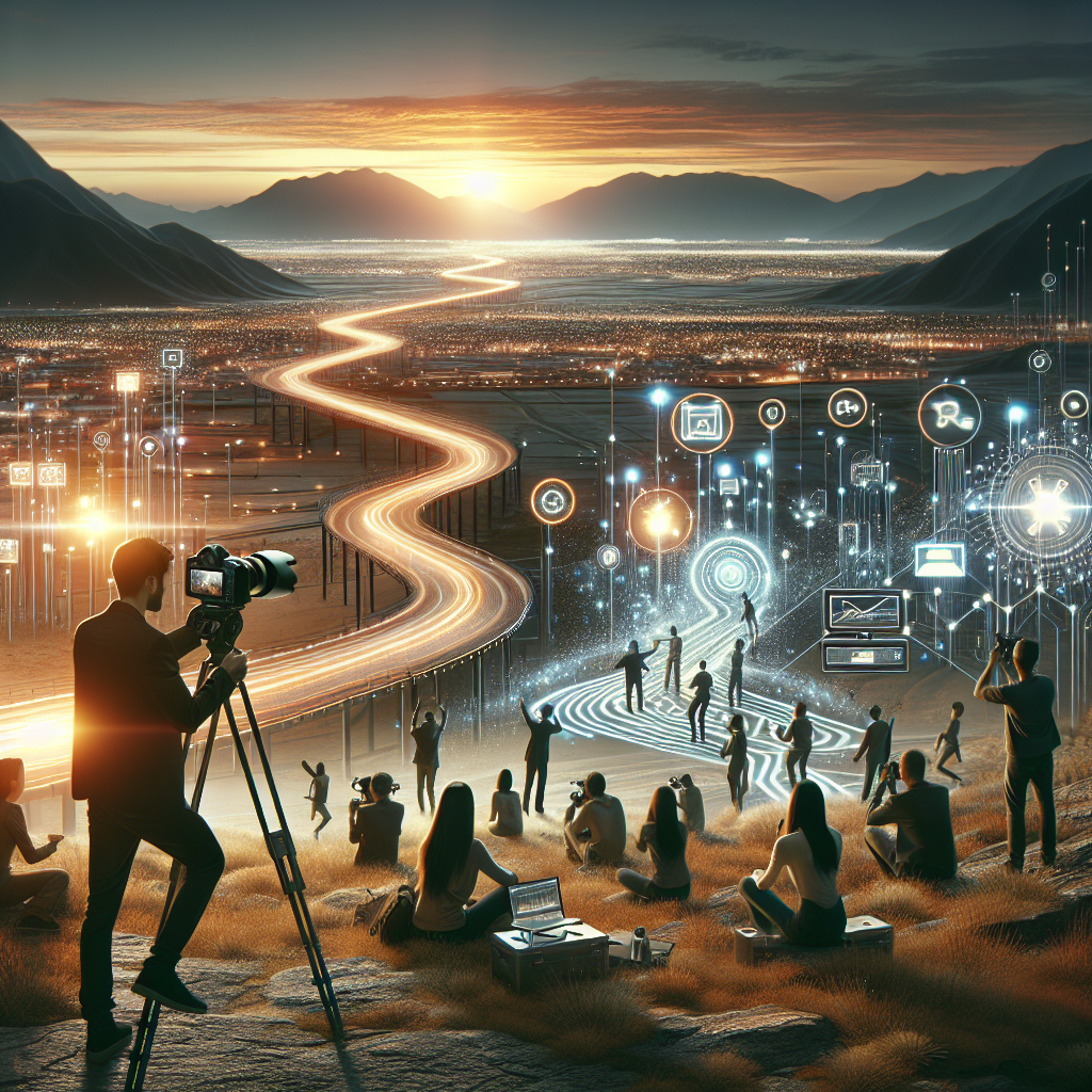 Crowd observing a digital landscape with integrated systems and technology icons, symbolizing the streamlined customer journey through innovative solutions, as a photographer captures the scene at sunset.