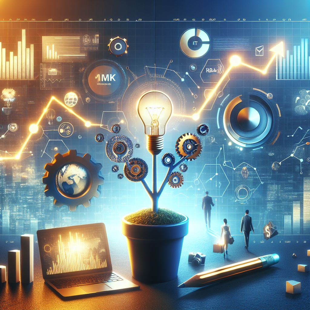 Light bulb plant symbolizing innovation, gears representing technology, laptop displaying data graphs, and business professionals walking towards growth, illustrating the integration of marketing and IT for business success.