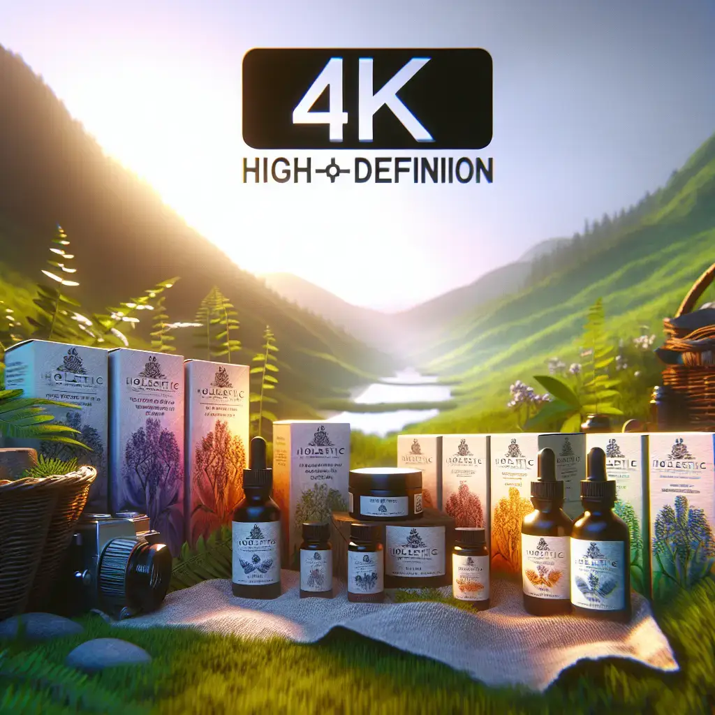 Holistic product display with various wellness items, including oils and creams, set against a serene natural landscape, emphasizing organic and holistic branding for SEO enhancement.