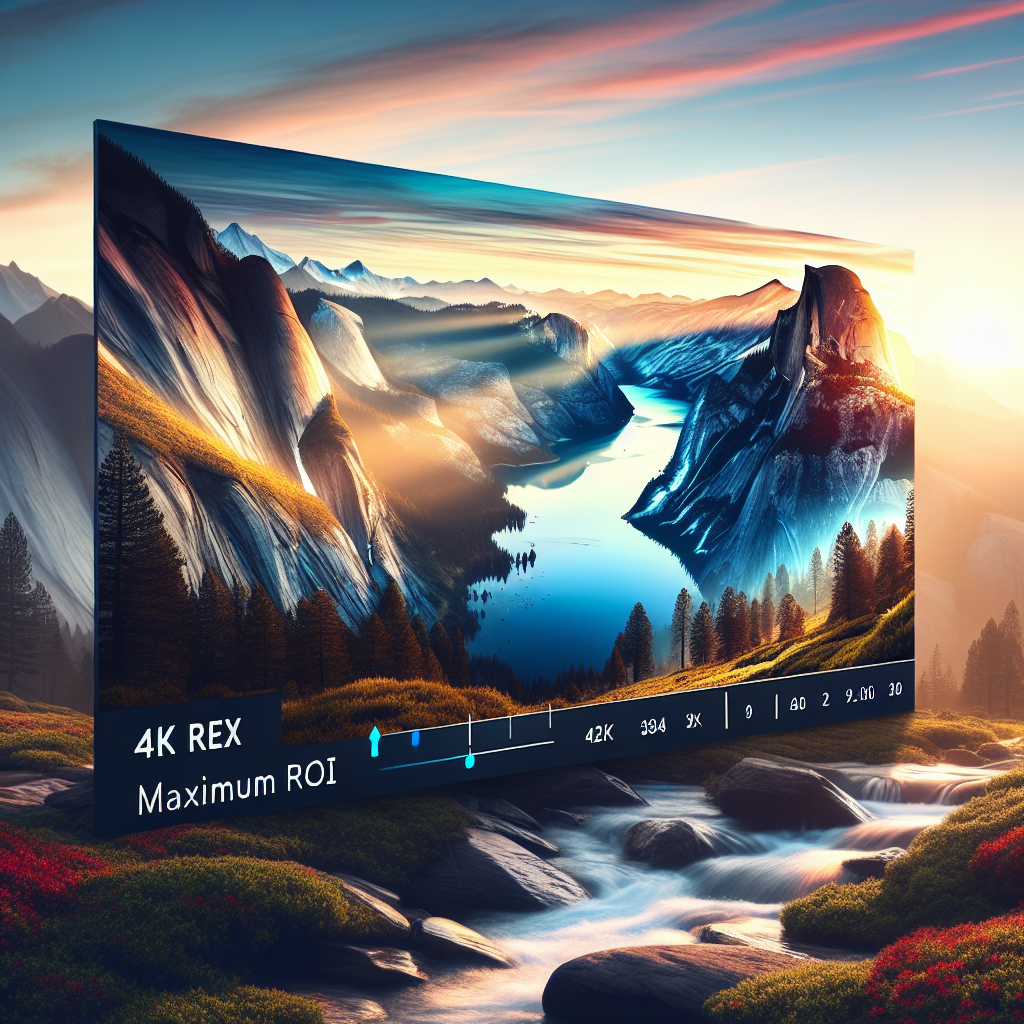 4K display showcasing a scenic landscape with mountains and a river, emphasizing "Maximum ROI" and integrating holistic marketing themes.