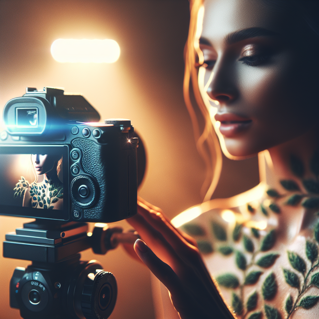 Woman with leaf tattoos being photographed, showcasing artistic expression and beauty in a creative photography setting.