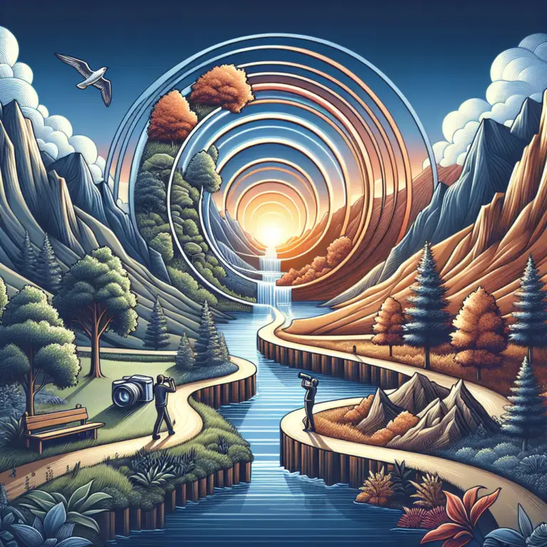 Scenic landscape featuring mountains, a waterfall, and a river with two photographers capturing the view, symbolizing holistic marketing and integrated strategies for maximum ROI.