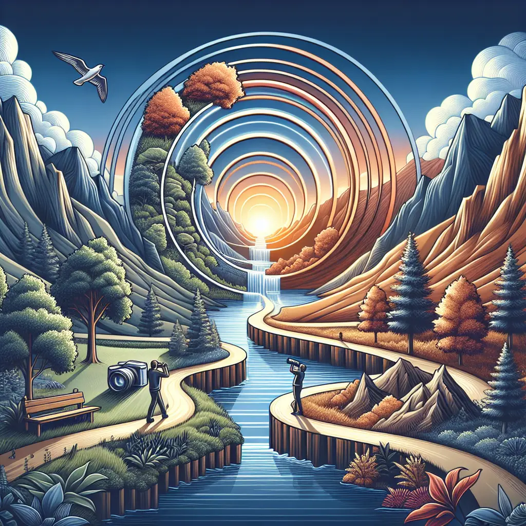 Scenic landscape featuring a river, waterfall, and mountains, with two photographers capturing the view, symbolizing the integration of nature and creativity in a holistic marketing strategy.