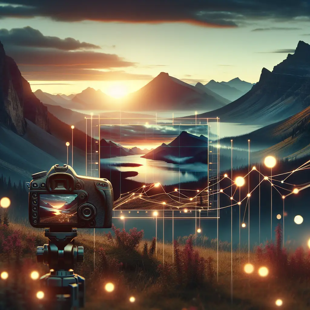 Camera on tripod capturing a scenic mountain landscape at sunrise, with digital data visualization overlay representing the integration of technology and marketing strategies for business growth.
