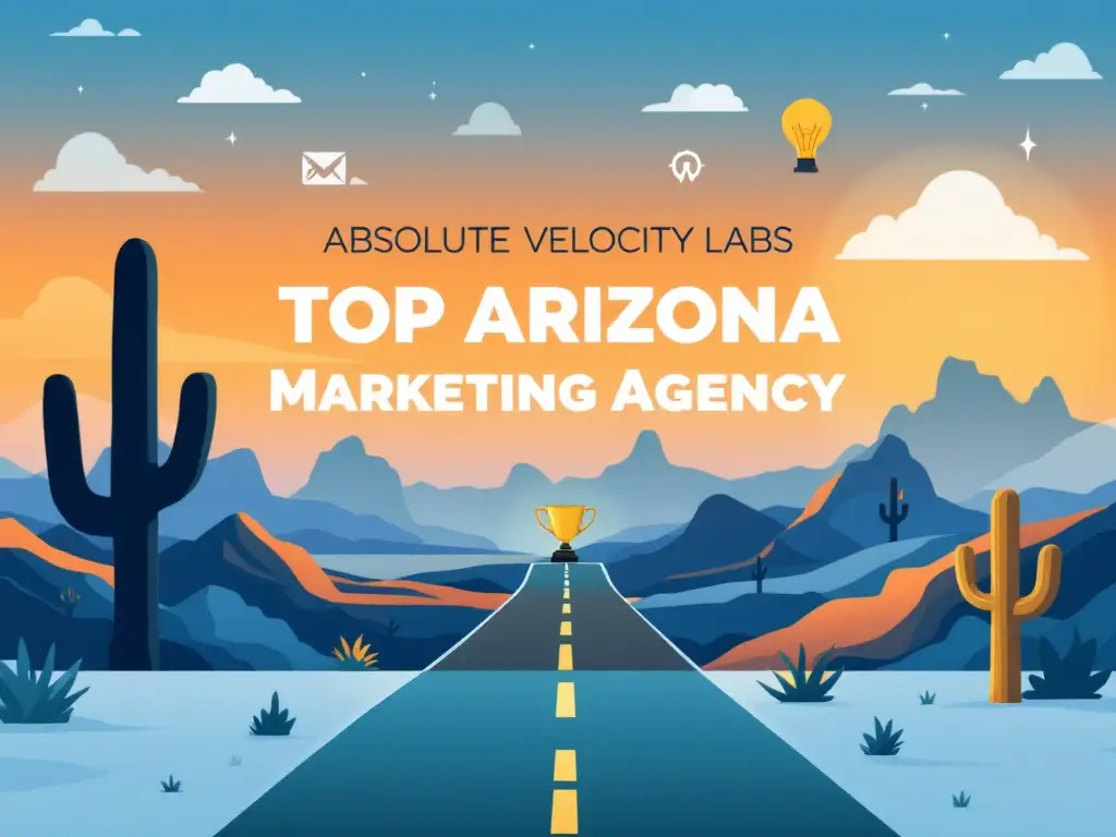 Absolute Velocity Labs graphic showcasing "Top Arizona Marketing Agency" with desert landscape, trophy, and creative elements symbolizing digital marketing success.