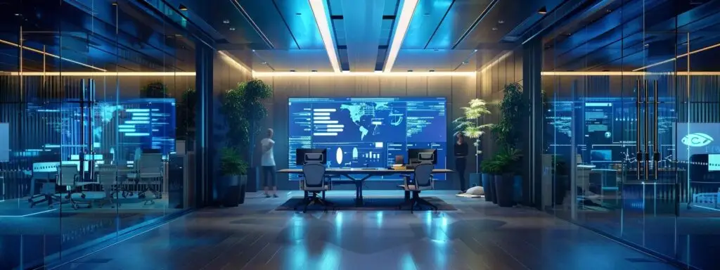 a sleek, futuristic marketing agency office features illuminated digital screens displaying streamlined workflows and data analytics, with a team collaborating over advanced ai-driven automation tools to enhance campaign efficiency and engagement.