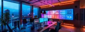 a sleek, futuristic marketing agency office features a large digital screen displaying advanced ai analytics, surrounded by modern workstations equipped with cutting-edge technology, all illuminated by vibrant neon accents.