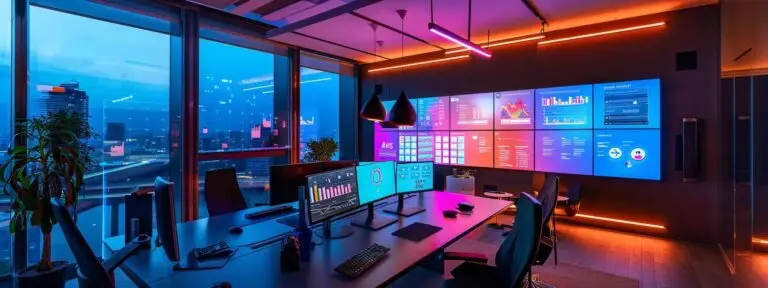 a sleek, futuristic marketing agency office features a large digital screen displaying advanced ai analytics, surrounded by modern workstations equipped with cutting-edge technology, all illuminated by vibrant neon accents.