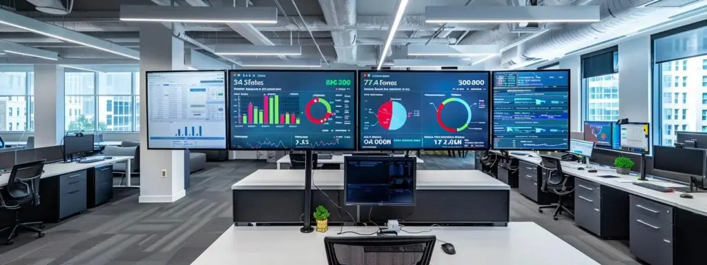 a sleek, futuristic marketing agency office features an illuminated digital dashboard displaying vibrant ai metrics and kpis on large screens, surrounded by modern workstations that emphasize data-driven decision-making in digital marketing.