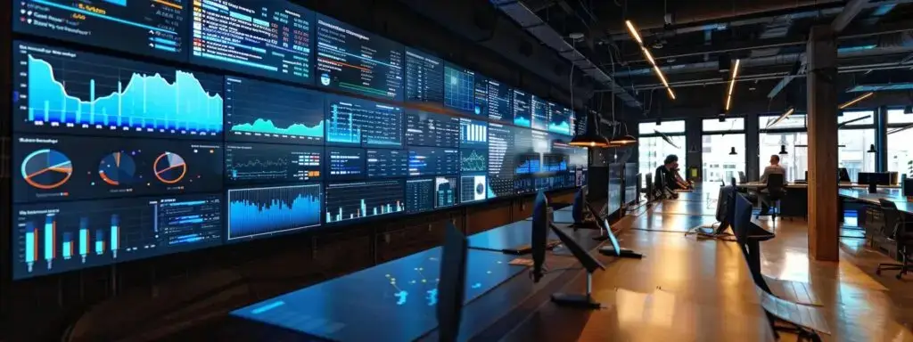 a sleek, modern marketing agency office features a large digital display showcasing vibrant analytics dashboards, while team members engage in dynamic discussions around cutting-edge predictive analytics tools and sentiment analysis platforms.