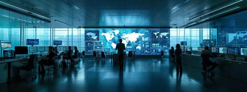 a sleek, modern office environment showcases a diverse team of professionals collaboratively engaging with futuristic ai tools on large, interactive screens, analyzing vibrant social media analytics to strategize impactful digital marketing campaigns.