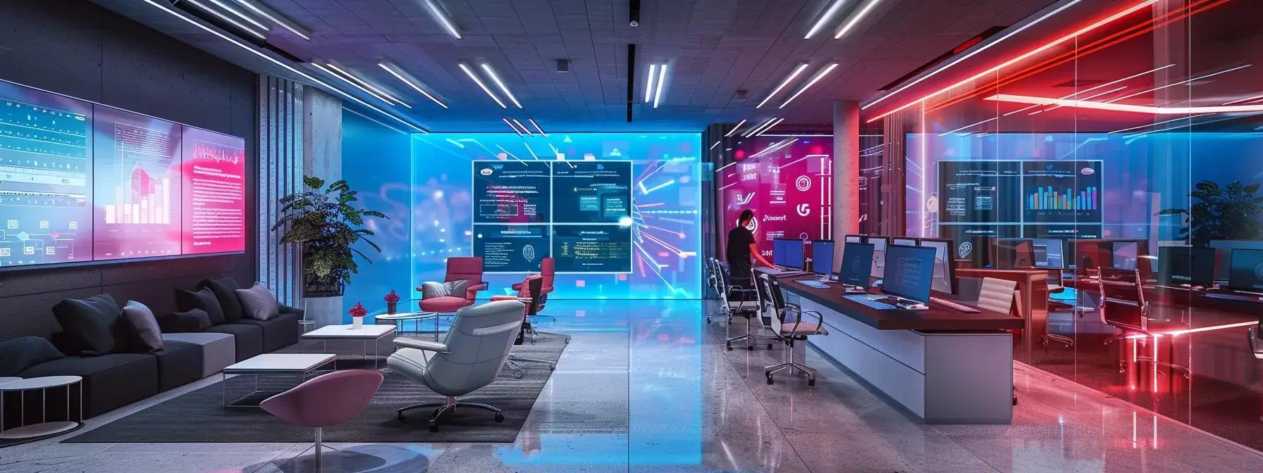 a sleek, modern office environment showcases a vibrant digital marketing team collaborating around a high-tech workspace, featuring large screens displaying dynamic analytics and futuristic ai interfaces.